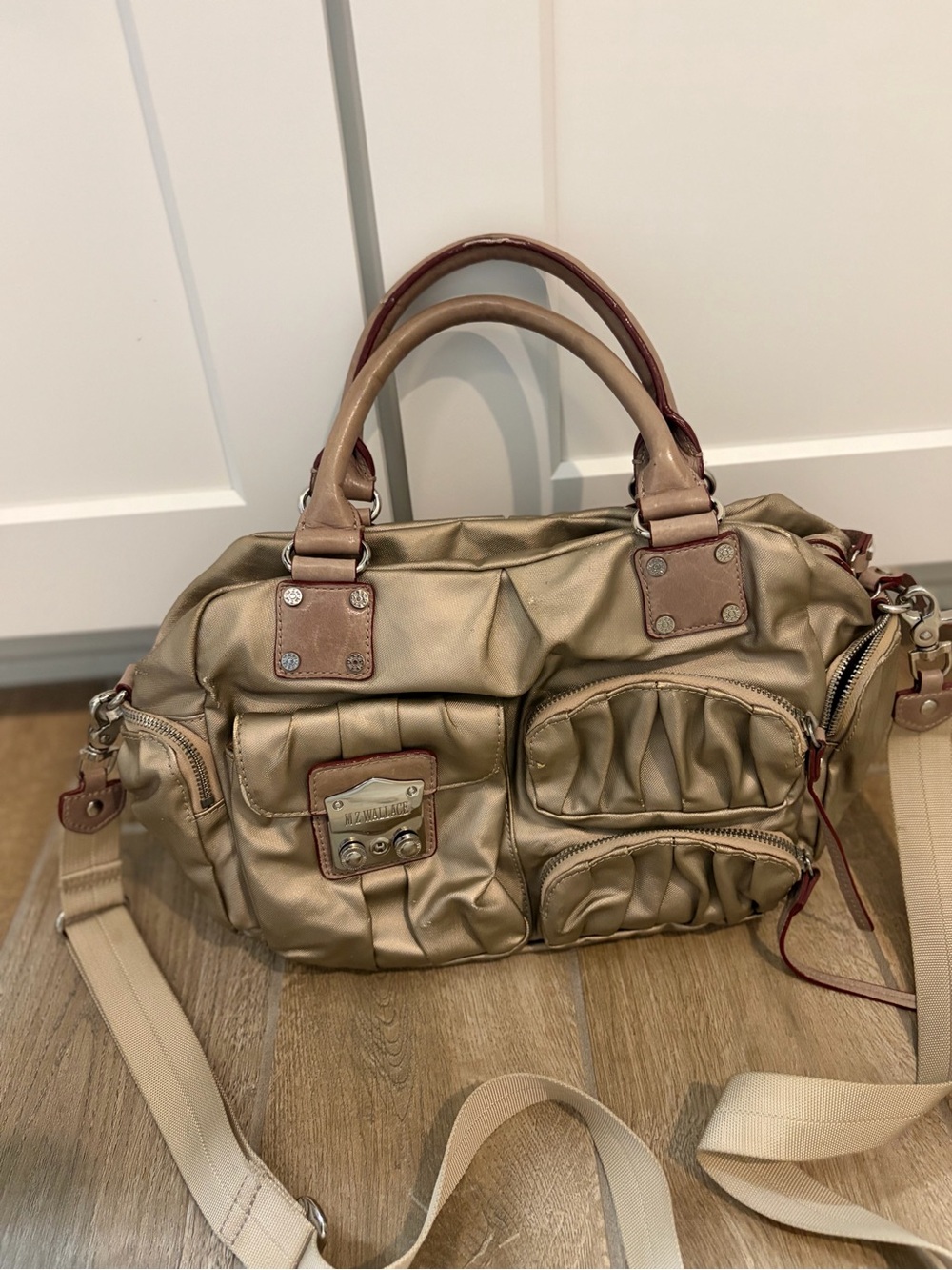 MZ Wallace satchel bag gold crossbody strap ruched pockets